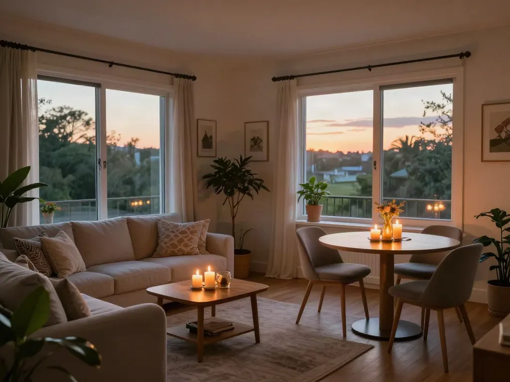 Discreet apartment in Sharon featuring cozy seating and romantic ambiance.
