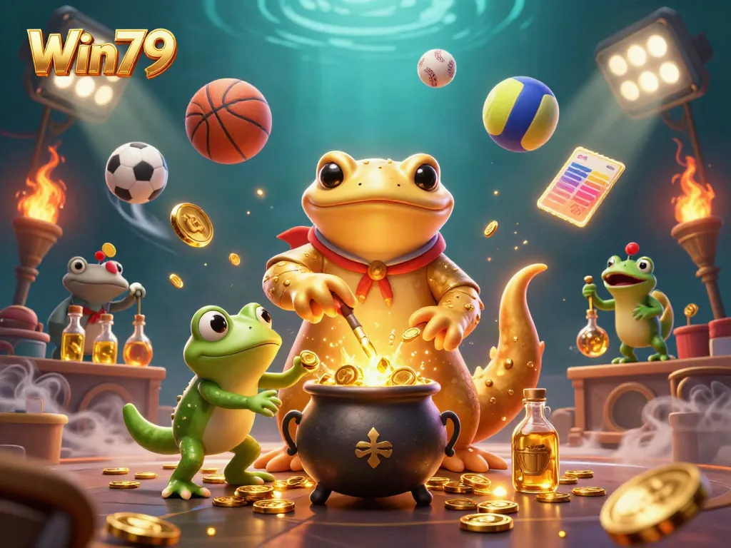 Experience thrilling gameplay at Win79 with a vibrant scene of alchemy and sports in a casino-inspired artwork.