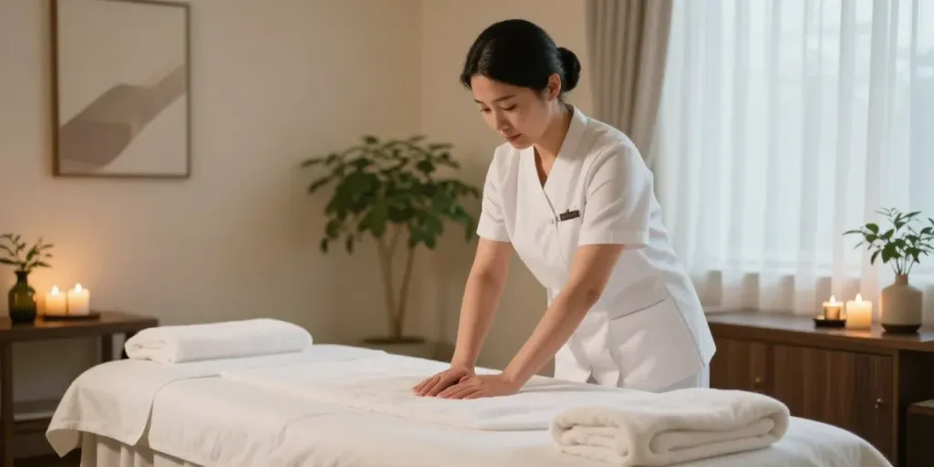 Professional therapist providing 동대문출장안마 in a serene spa setting with ambient lighting.