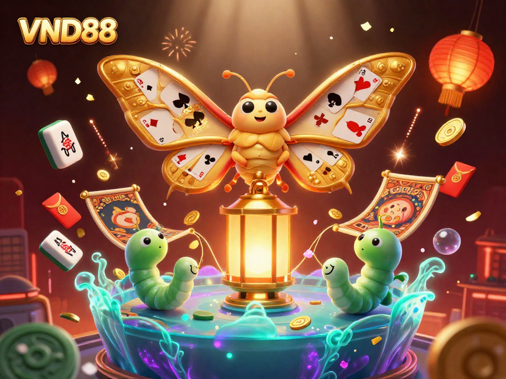 Immerse in VND88's vibrant casino world with an enchanting 3D moth and dynamic golden elements.