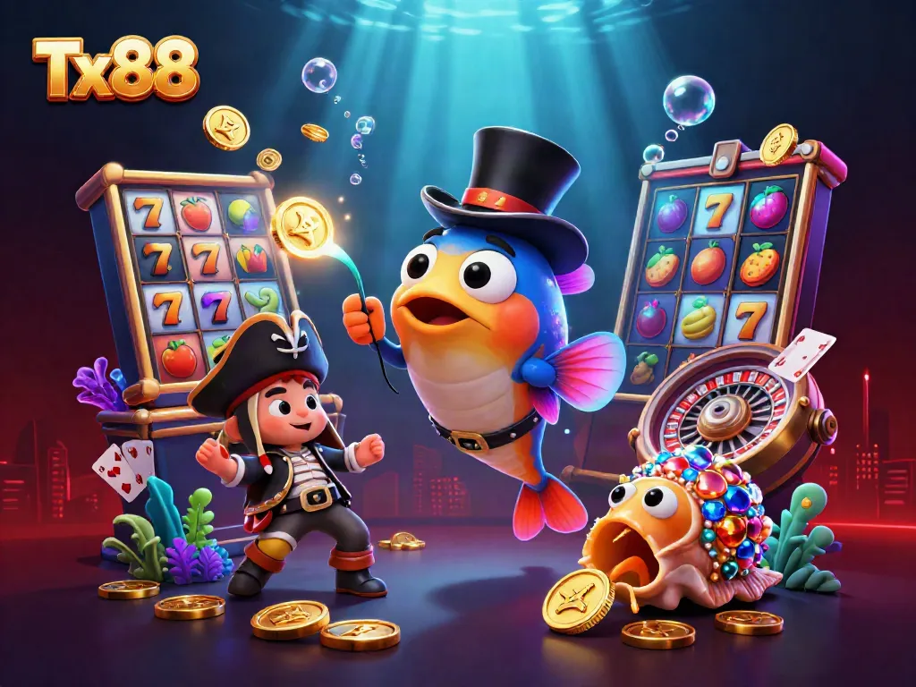 Experience exciting gameplay with Tx88, featuring a deep-sea anglerfish leading a treasure hunt among casino elements like slots and cards.