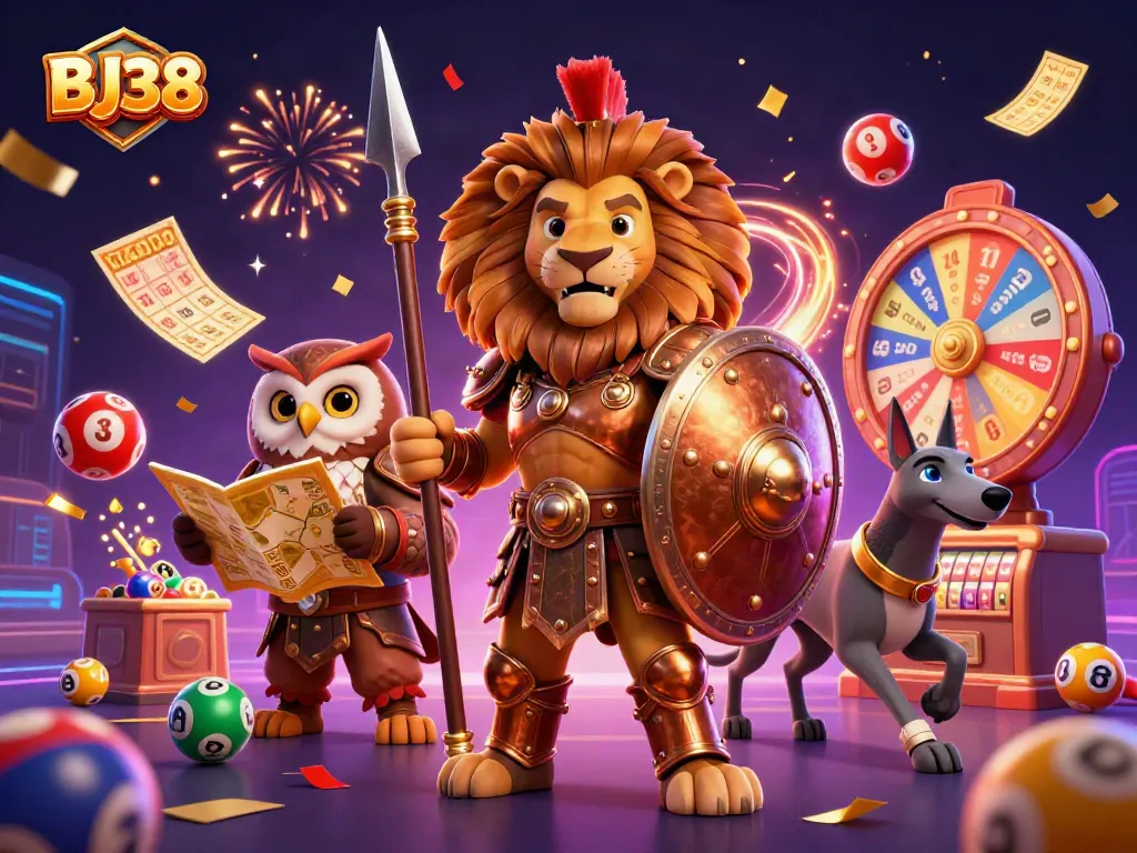 BJ38 showcases a vibrant casino scene with exciting games and dynamic elements, highlighting thrilling gambling action.