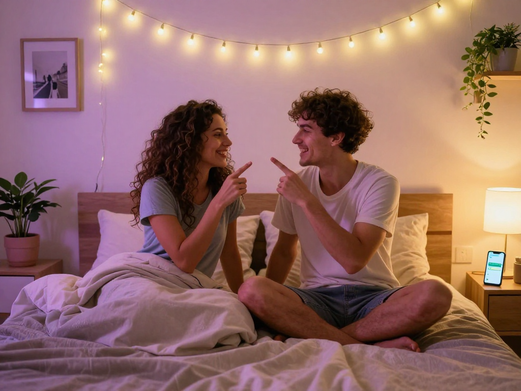 Couple enjoying ai dirty talk in a cozy bedroom with warm lighting.