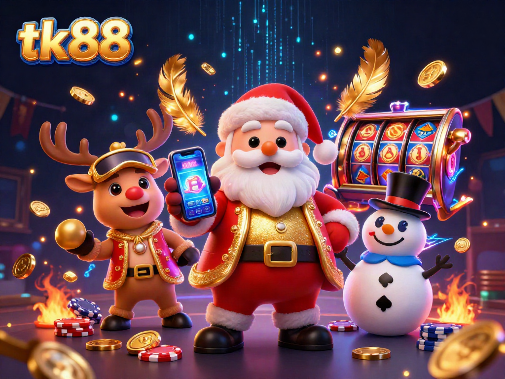 Spin to win at tk88 with Santa, his reindeer dealer, and a poker chip snowman!