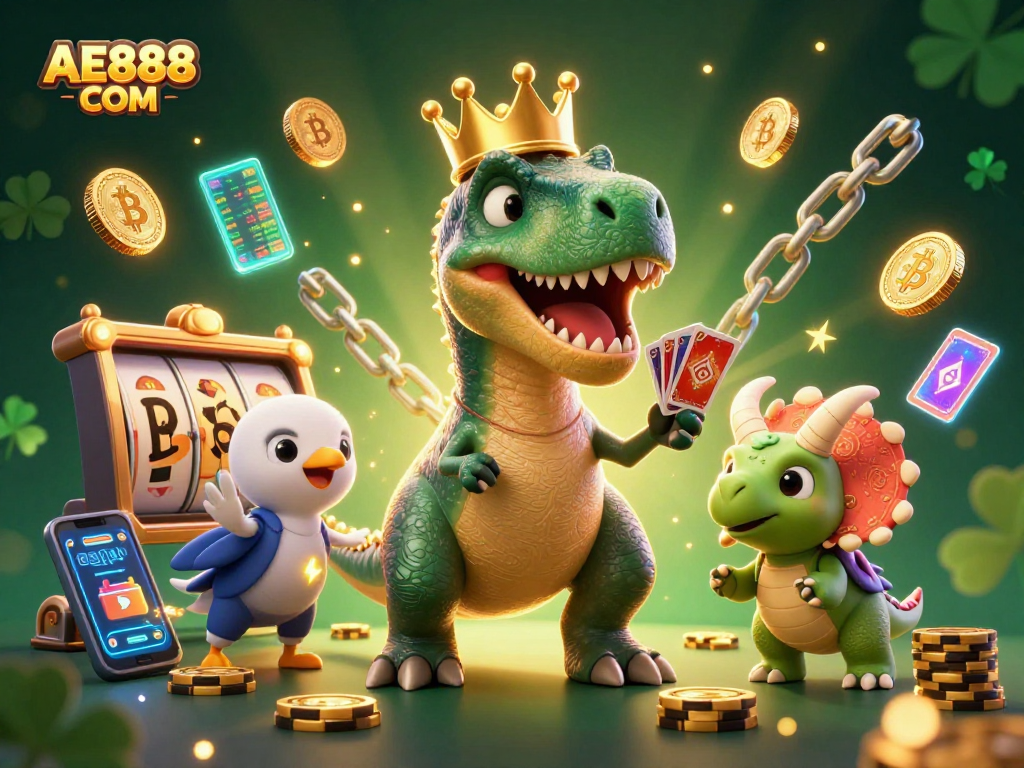 Experience thrilling games at AE888 COM with this vibrant 3D scene featuring cartoon dinosaurs and exciting casino elements.
