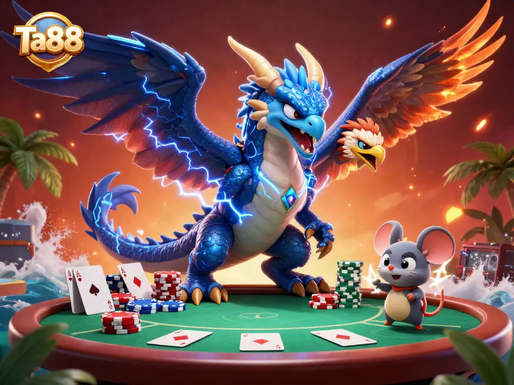Engage in thrilling gameplay at Ta88 with dynamic 3D characters amid vibrant poker elements.