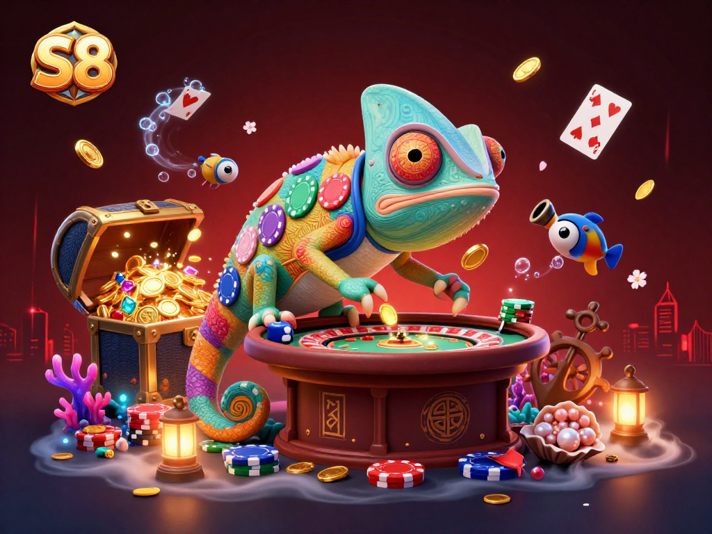 Engage in thrilling games at S8 with vibrant visuals of a chameleon casino owner and underwater treasures