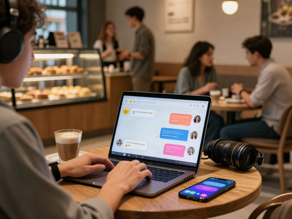 AI nsfw chat interaction in a stylish coffee shop, showcasing vibrant dialogue and modern technology