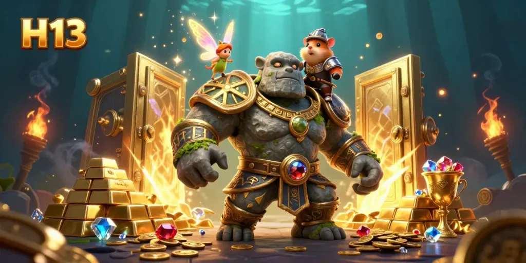 Experience H 13's magical casino scene with a living golem guardian, fairy, and hamster knight surrounded by treasures.
