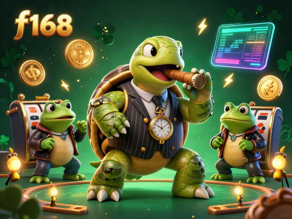 Experience a thrilling game scene with f168's cartoon turtle smoking a money cigar surrounded by crypto coins and vibrant casino elements.