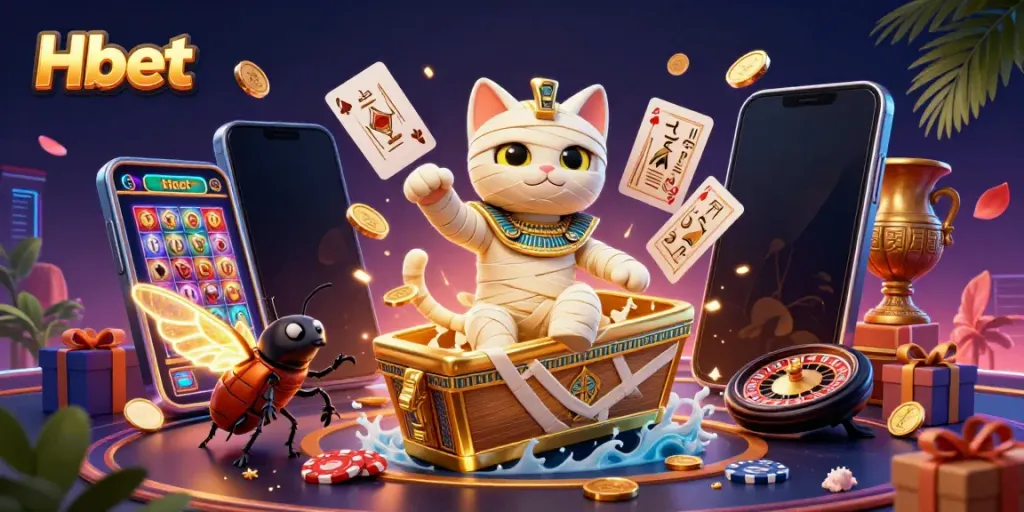 Exciting Hbet gaming scene featuring a dynamic Egyptian mummy cat, casino elements, and vibrant game visuals.