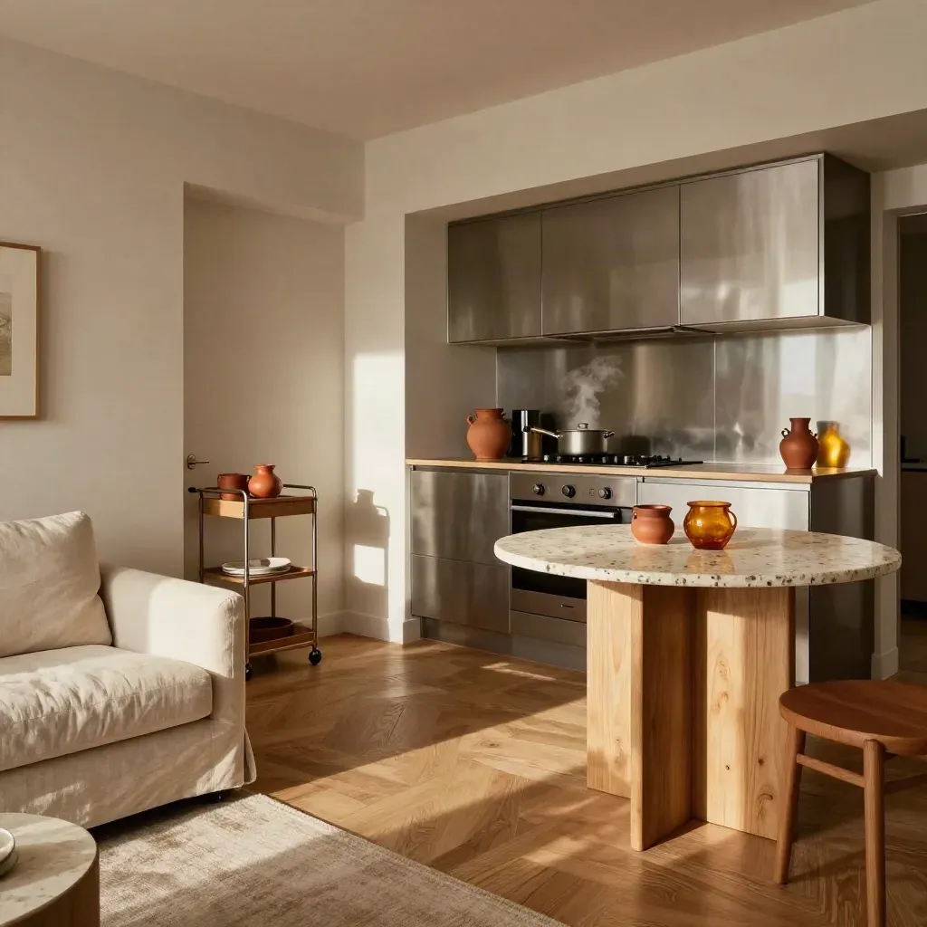 Appartamento vacanza luminoso con trolley all'ingresso, cucina integrata e tavolo compatto.