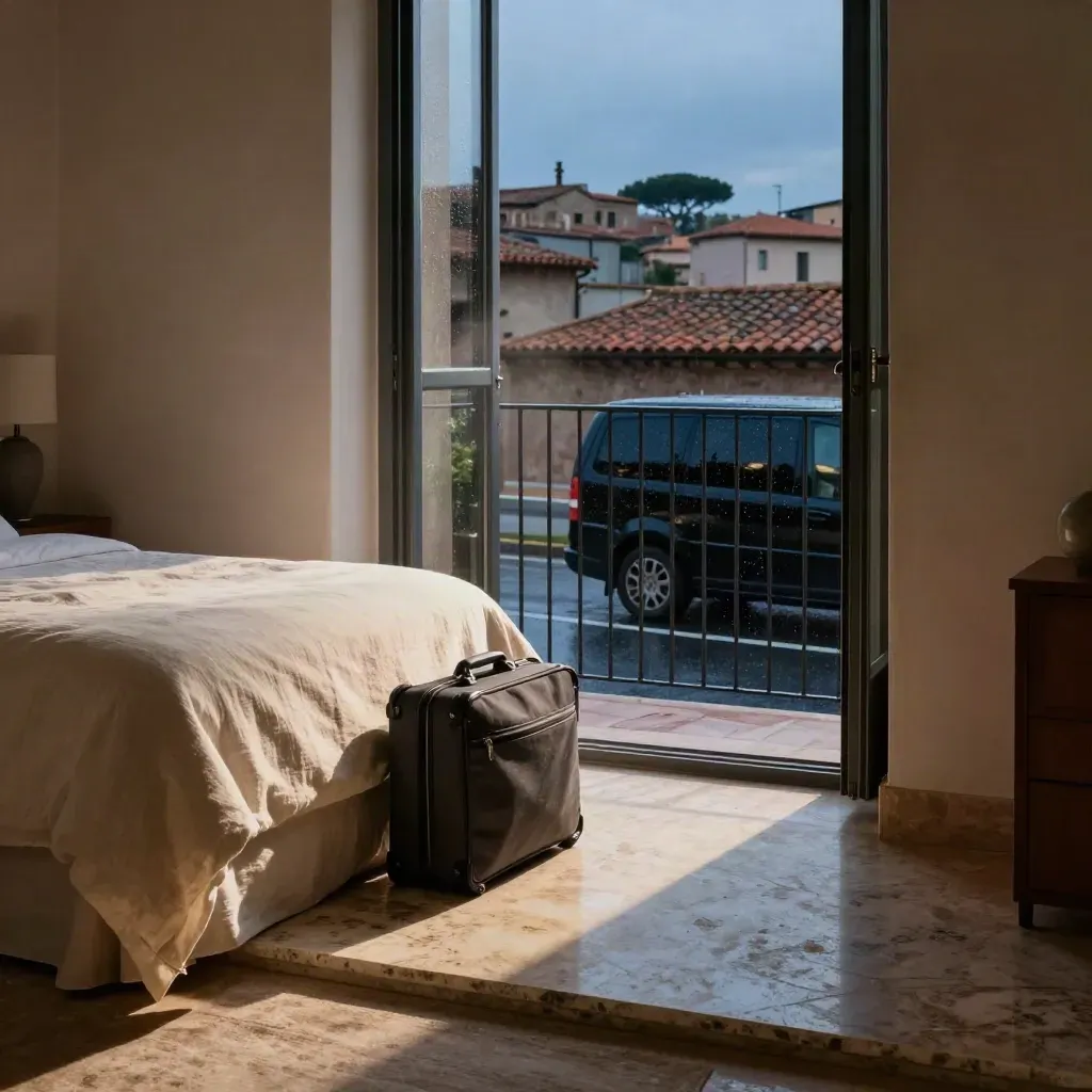 Suite romana boutique con letto in lino, valigia, balcone aperto e tetti bagnati dalla pioggia.