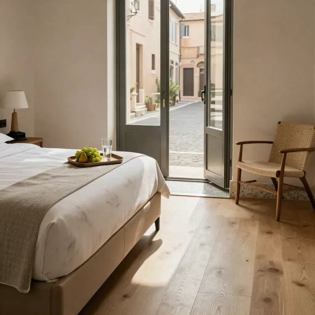 Camera d’hotel pronta all’arrivo con letto rifatto e vassoio accoglienza.