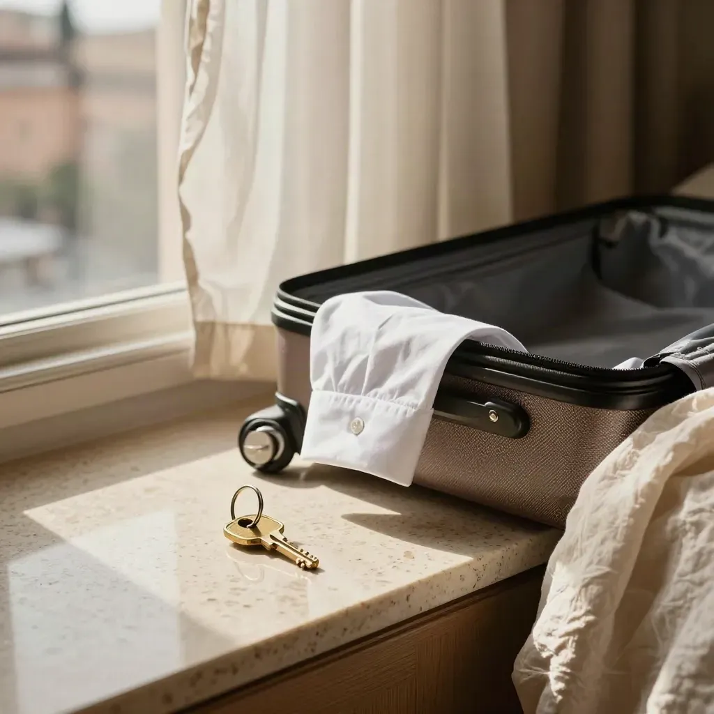 Valigia semiaperta su letto tirato, chiave in ottone e finestra socchiusa con tenda mossa dal vento.