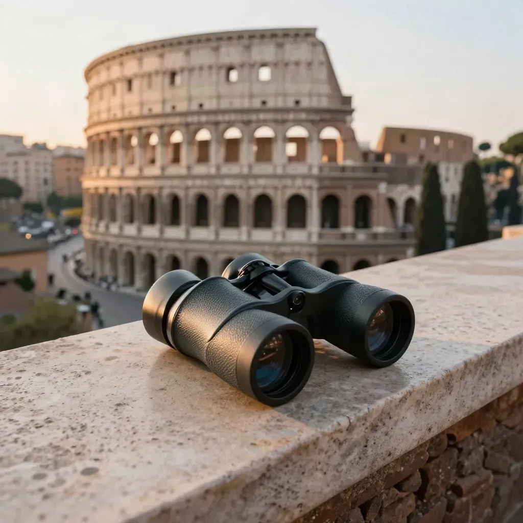 Binocolo compatto sulla terrazza del Colosseo all’alba, con travertino e centro storico sullo sfondo.