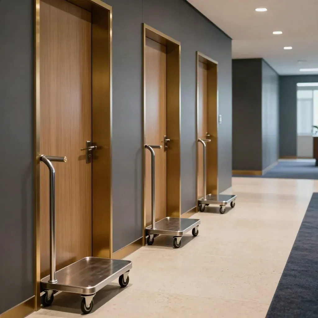 Corridoio business all’EUR con tre trolley allineati e luce calda dietro tre porte.