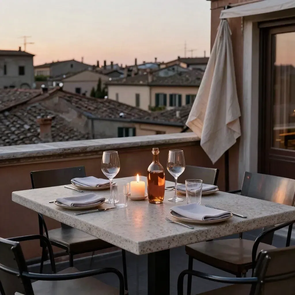 Terrazza a Trastevere apparecchiata per due al tramonto, con candele e tetti sullo sfondo.
