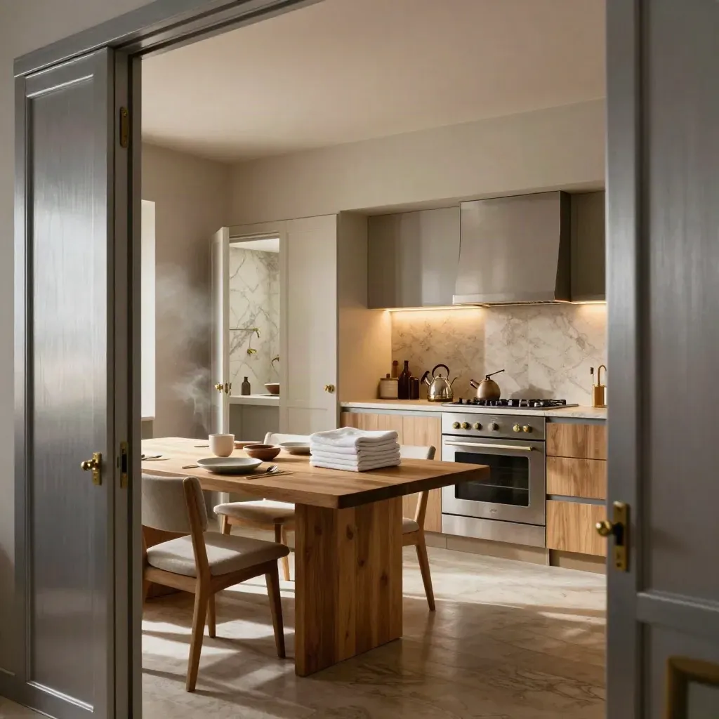 Appartamento romano pronto, cucina accesa, tavolo allungato e due bagni aperti.