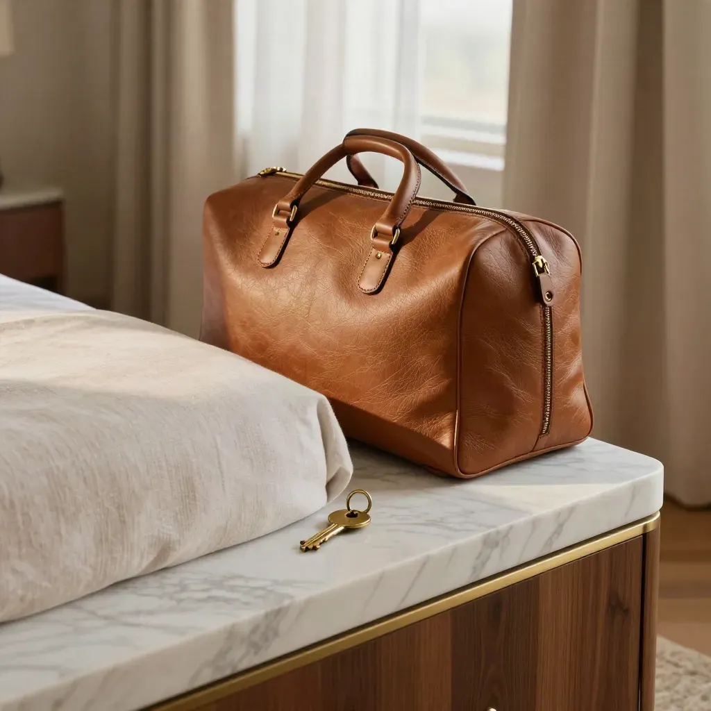Camera d’albergo pronta per il Giubileo, borsa da notte e chiave sul comodino.