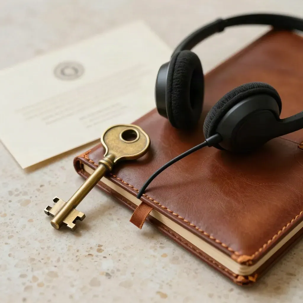 Chiave in ottone, headset e taccuino in pelle su travertino, luce radente.