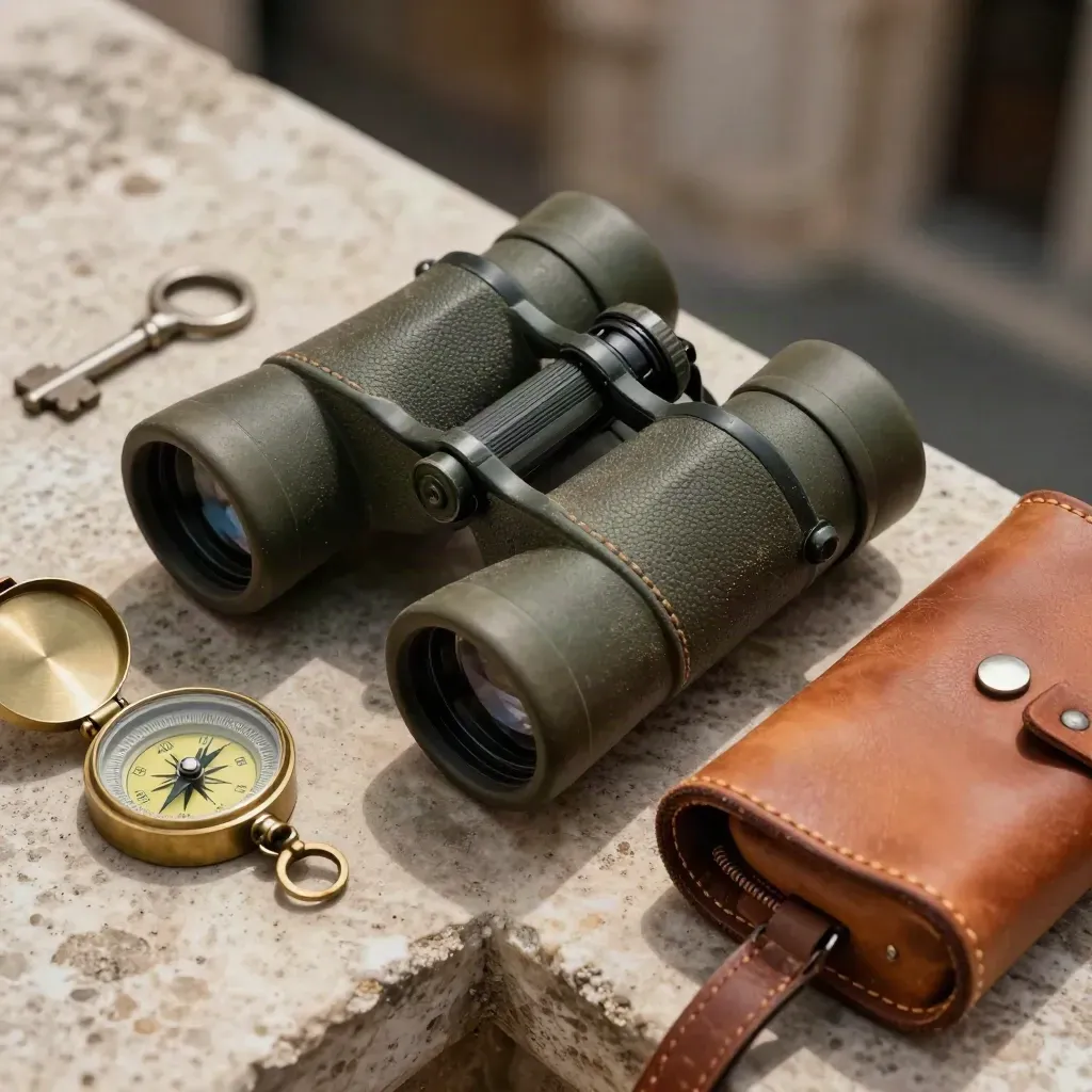 Binocolo da escursione, bussola e custodia in cuoio su pietra travertino, luce calda e polvere.