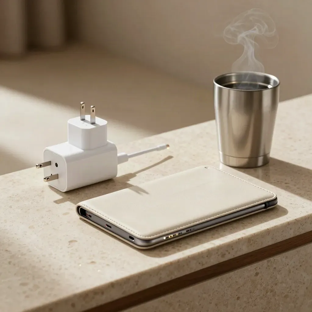 Adattatore, power bank, custodia tablet e tazza termica su piano in travertino, luce di finestra.