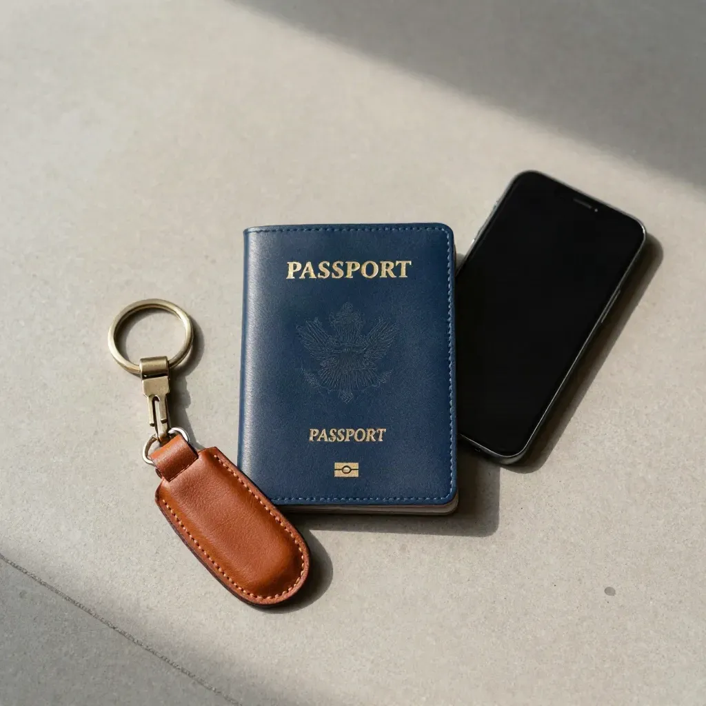Custodia passaporto blu, smartphone, portachiavi e anello in ottone su pietra chiara.