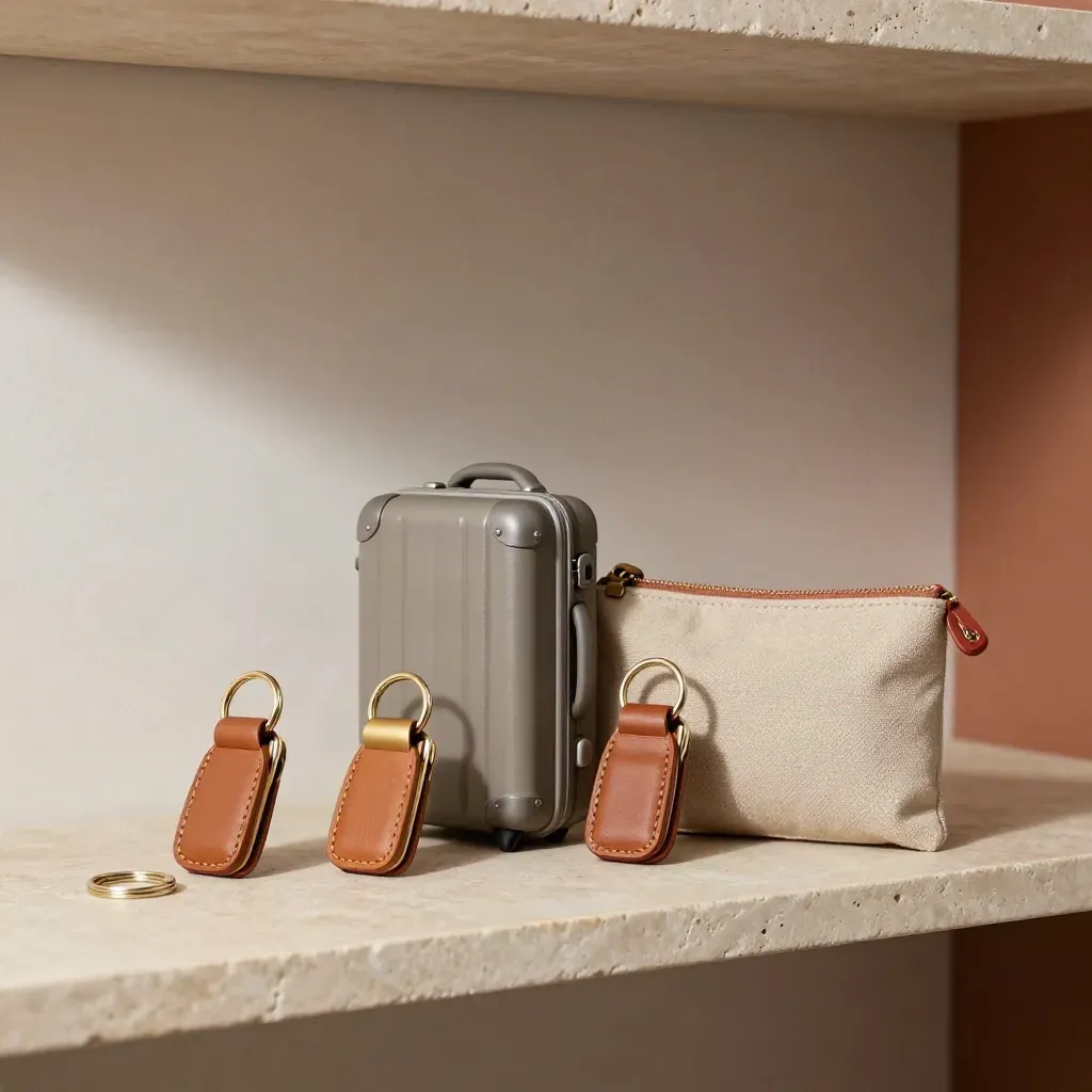 Tre key fob hotel, mini valigia e astuccio viaggio su mensola in pietra chiara.