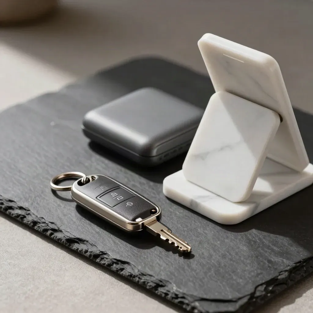 Chiave transfer, power bank e supporto telefono su piano scuro, luce laterale morbida.