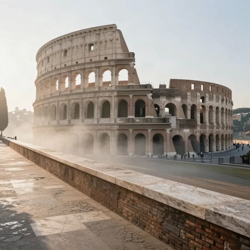 Colosseo alto nella foschia del mattino con travertino e cielo calmo.