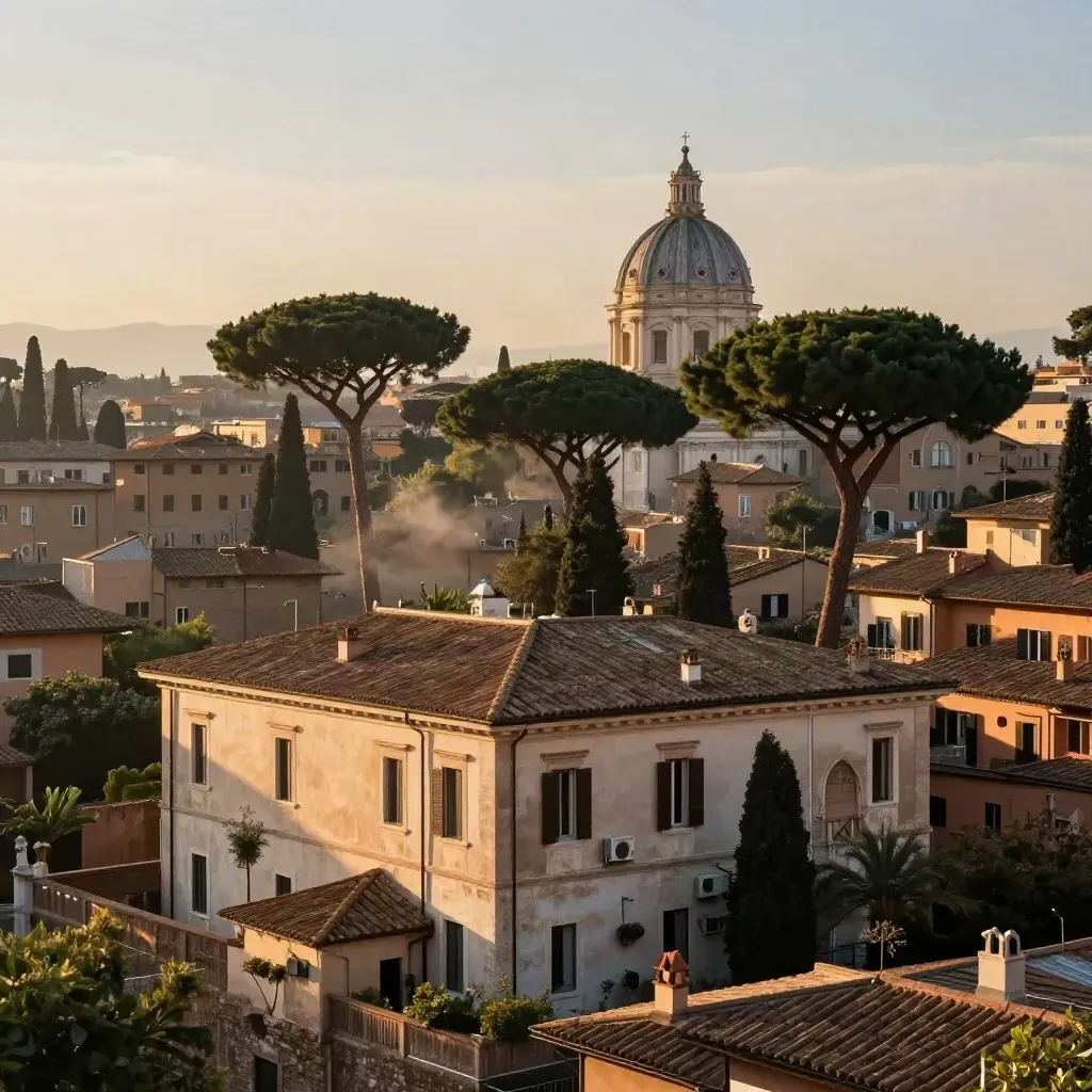 Veduta di Roma Nord al tramonto con pini, ville di Parioli e una cupola lontana.