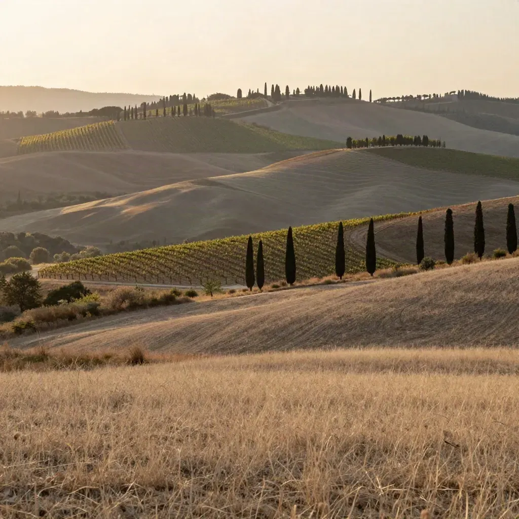 Colline laziali al tramonto con vigneti, cipressi e cupole lontane