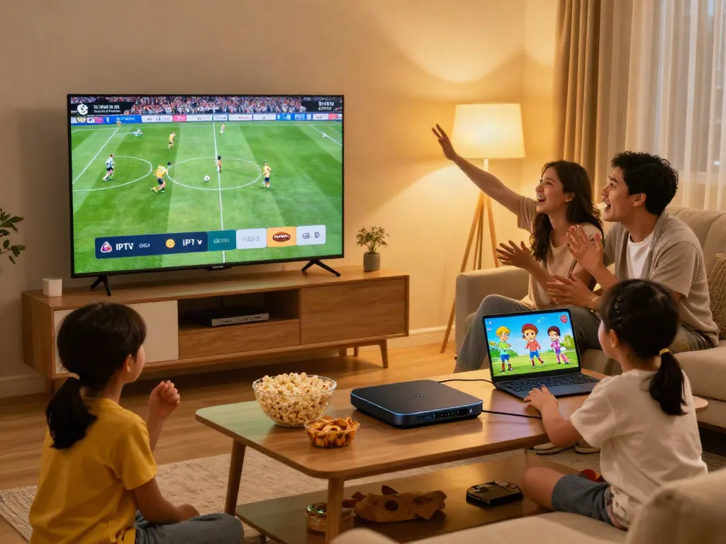Family enjoying iptv italia in a cozy living room with sports and movies.