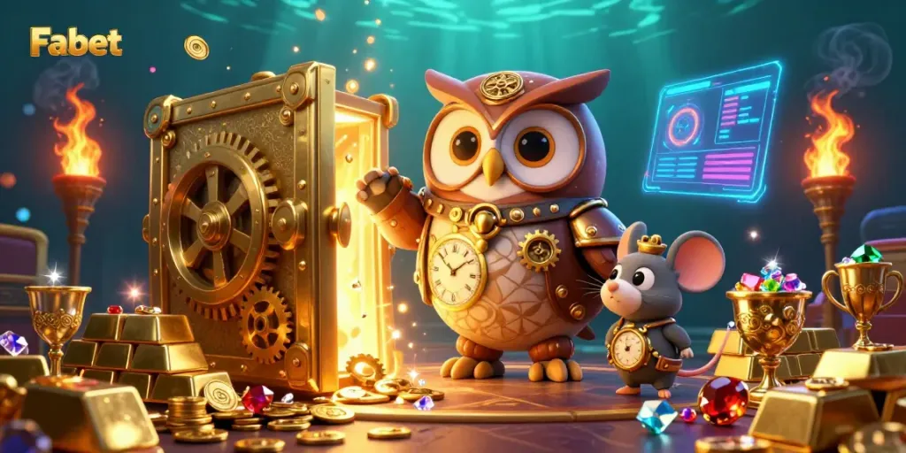 Experience the thrilling casino world of Fabet with this dynamic illustration featuring a steampunk owl and a clockwork mouse amidst treasures.