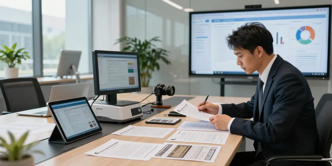 Detailed scene of a forensic analyst focused on document fraud detection in a professional office setting, examining counterfeit papers.