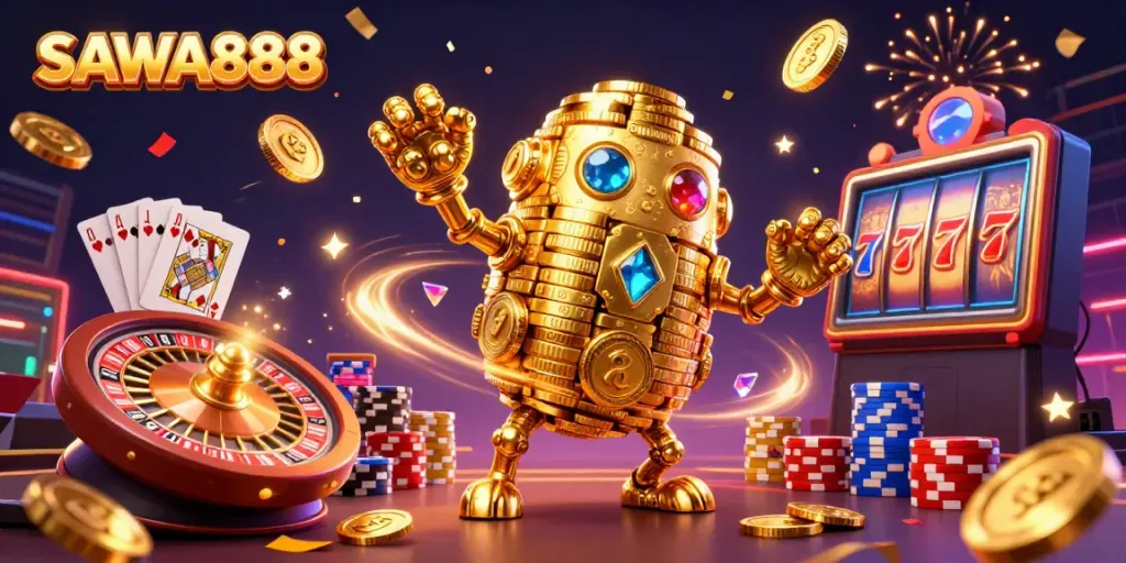 Engage with SAWA888 in a vibrant 3D casino adventure featuring golden golems and dynamic game elements.