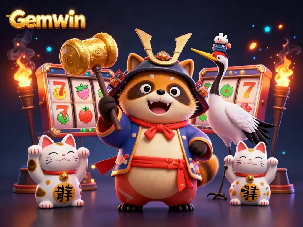 Win big at Gemwin with a cheerful tanuki in a lively casino scene, surrounded by vibrant slot symbols.