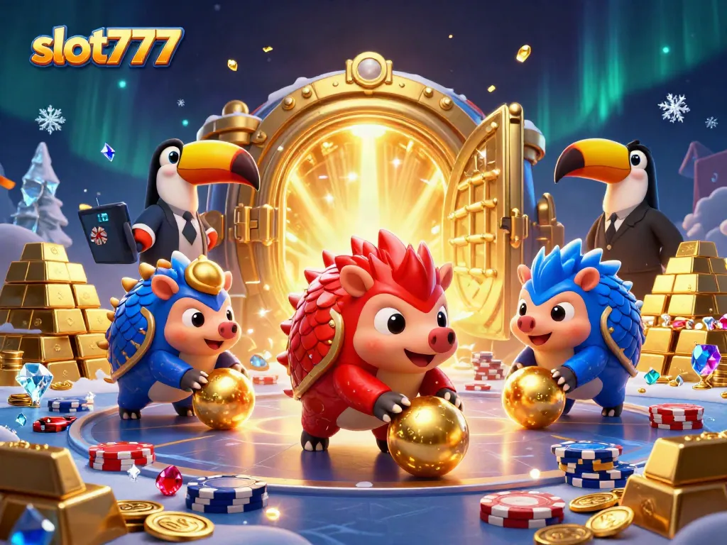 Experience exciting slot777 gameplay with rival pangolins amidst dazzling treasures and vibrant casino elements.