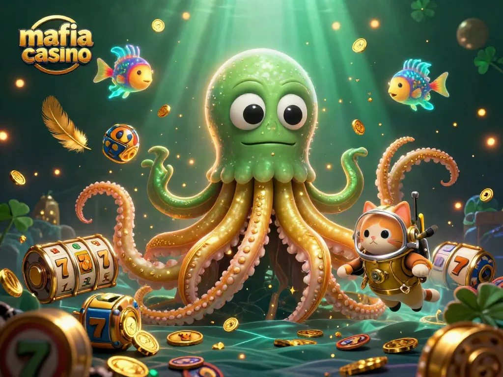 Mafia Casino showcases a dynamic 3D scene featuring a colossal kraken and a diving cat, immersing players in vibrant gameplay.