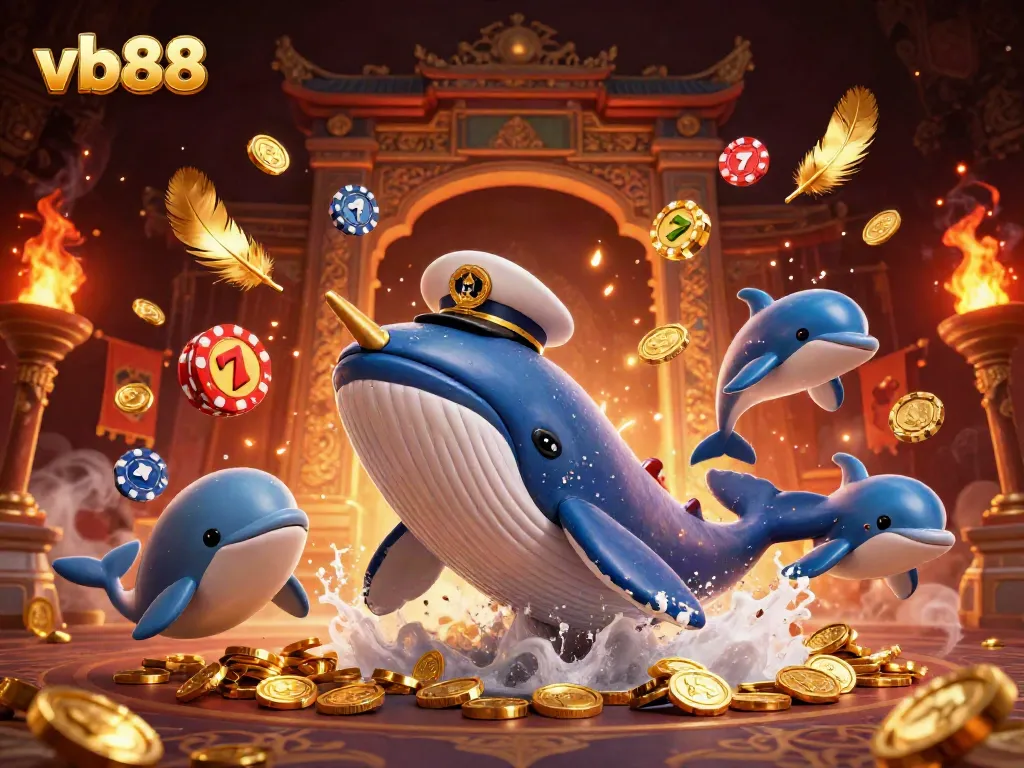 Win big at VB88 with a vibrant casino scene featuring a whale and playful dolphins!
