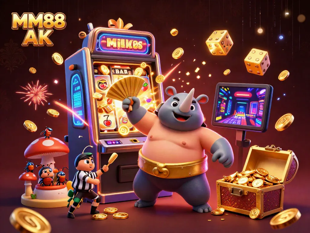 Engage with the thrilling world of MM88 AK featuring a sumo beetle champion amidst a vibrant casino scene.