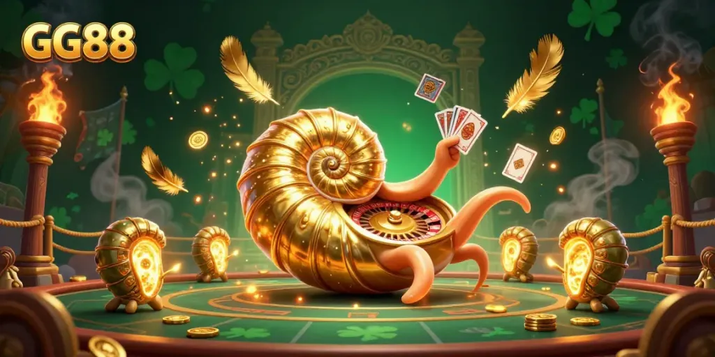 Experience the thrilling GG88 gaming scene with a giant nautilus roulette wheel, cards, and gold coins amidst dynamic casino elements.