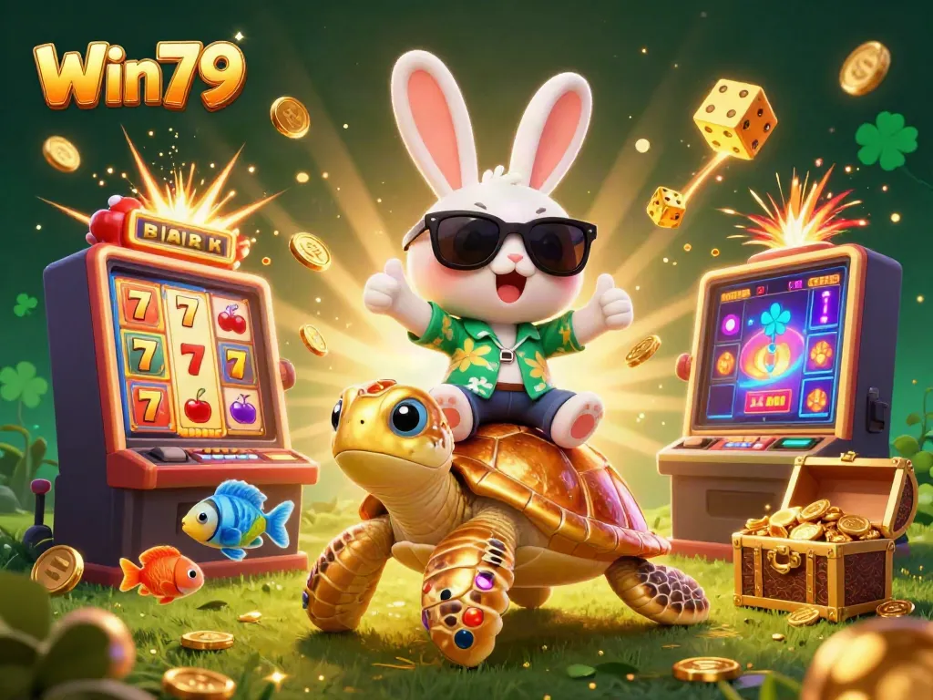 Win79 casino illustration featuring a lucky rabbit and golden turtle amid slot machine excitement.