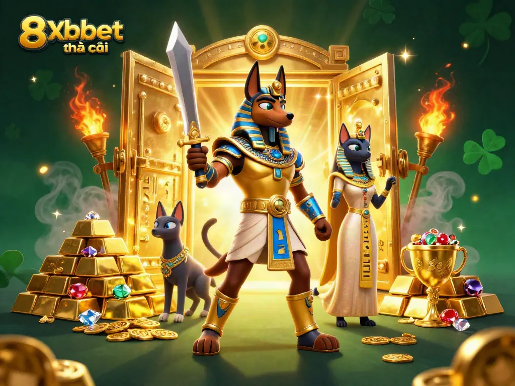 Experience thrilling games at 8xbet nhà cái with a treasure-filled casino illustration featuring Anubis and Bastet.